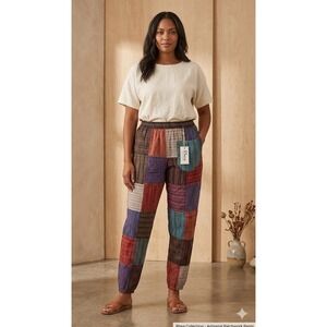 Rhea Patchwork Pants XL Multi Color Striped Boho Elastic Waist Tapered Trousers